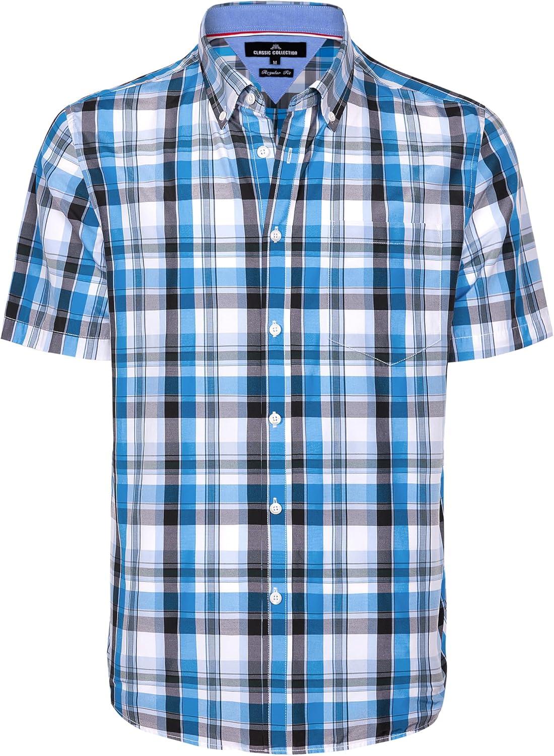 imageAlimens amp Gentle Mens Plaid Short Sleeve Button Down Shirts Cotton Regular Fit Casual Gingham ShirtsBlack Blue Plaid