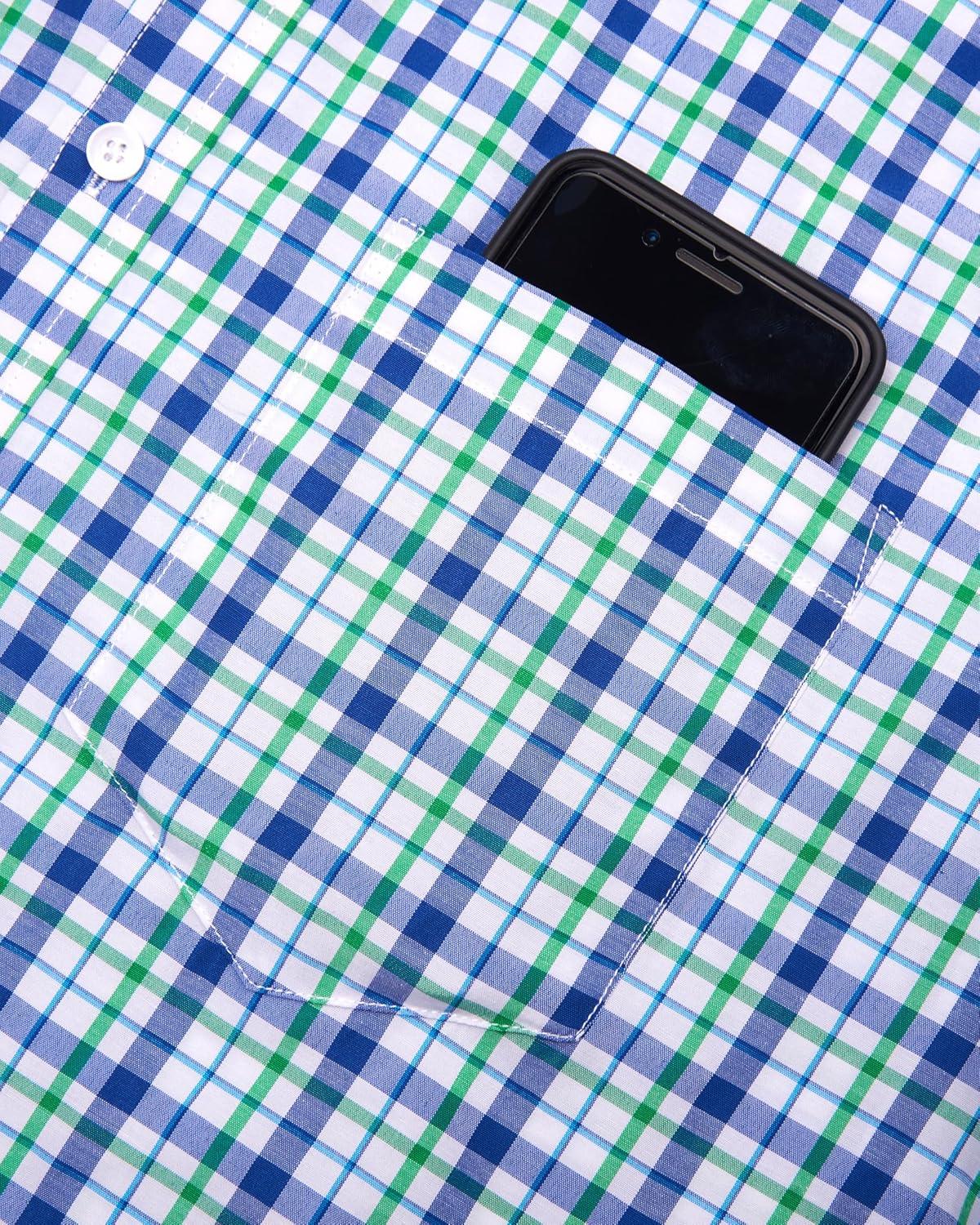 imageAlimens amp Gentle Mens Plaid Short Sleeve Button Down Shirts Cotton Regular Fit Casual Gingham ShirtsNavy Green Check
