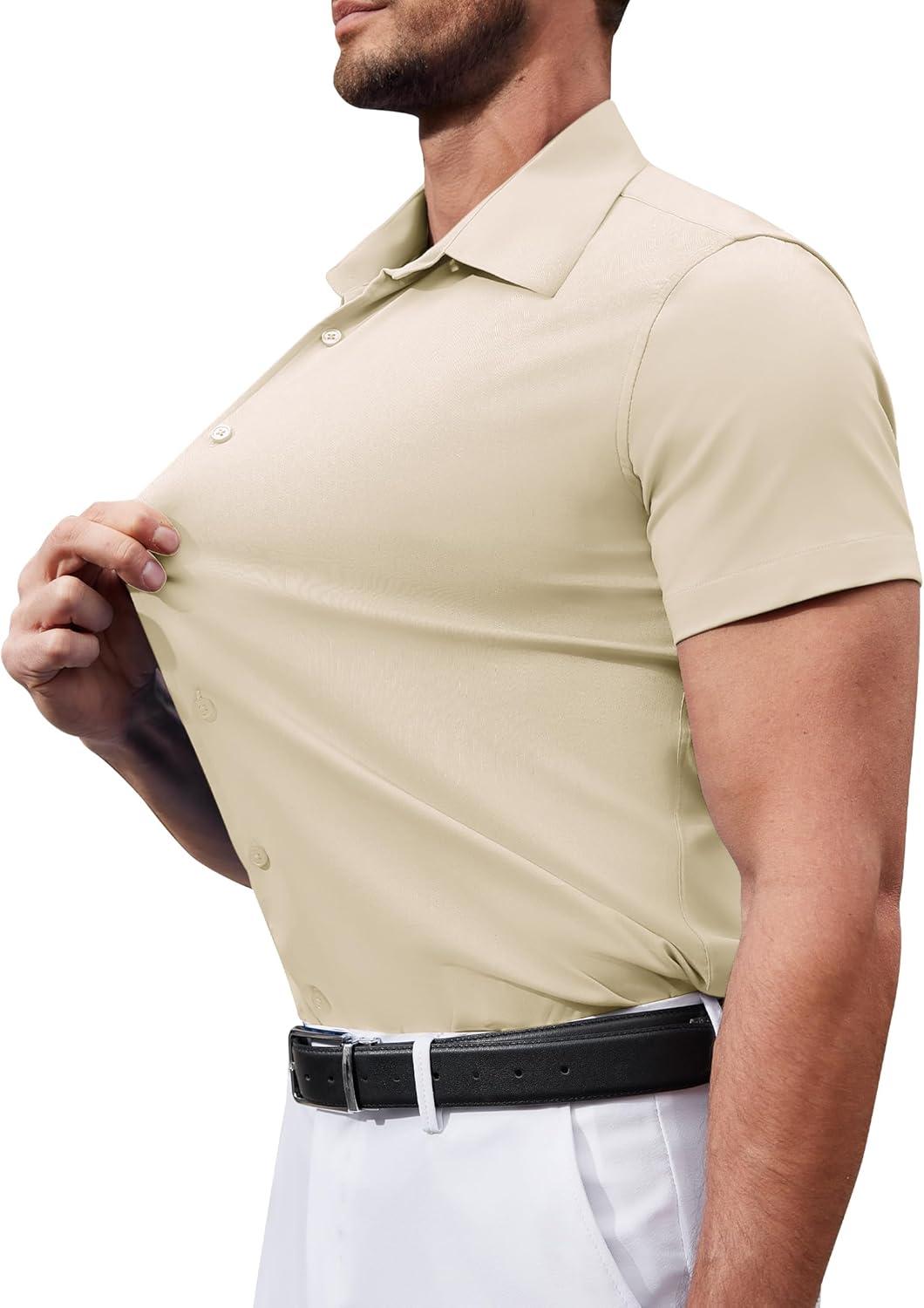 imageAlimens amp Gentle Mens Short Sleeve Dress Shirts Stretch Regular Fit Shirt Casual Button Down Business ShirtsBeige