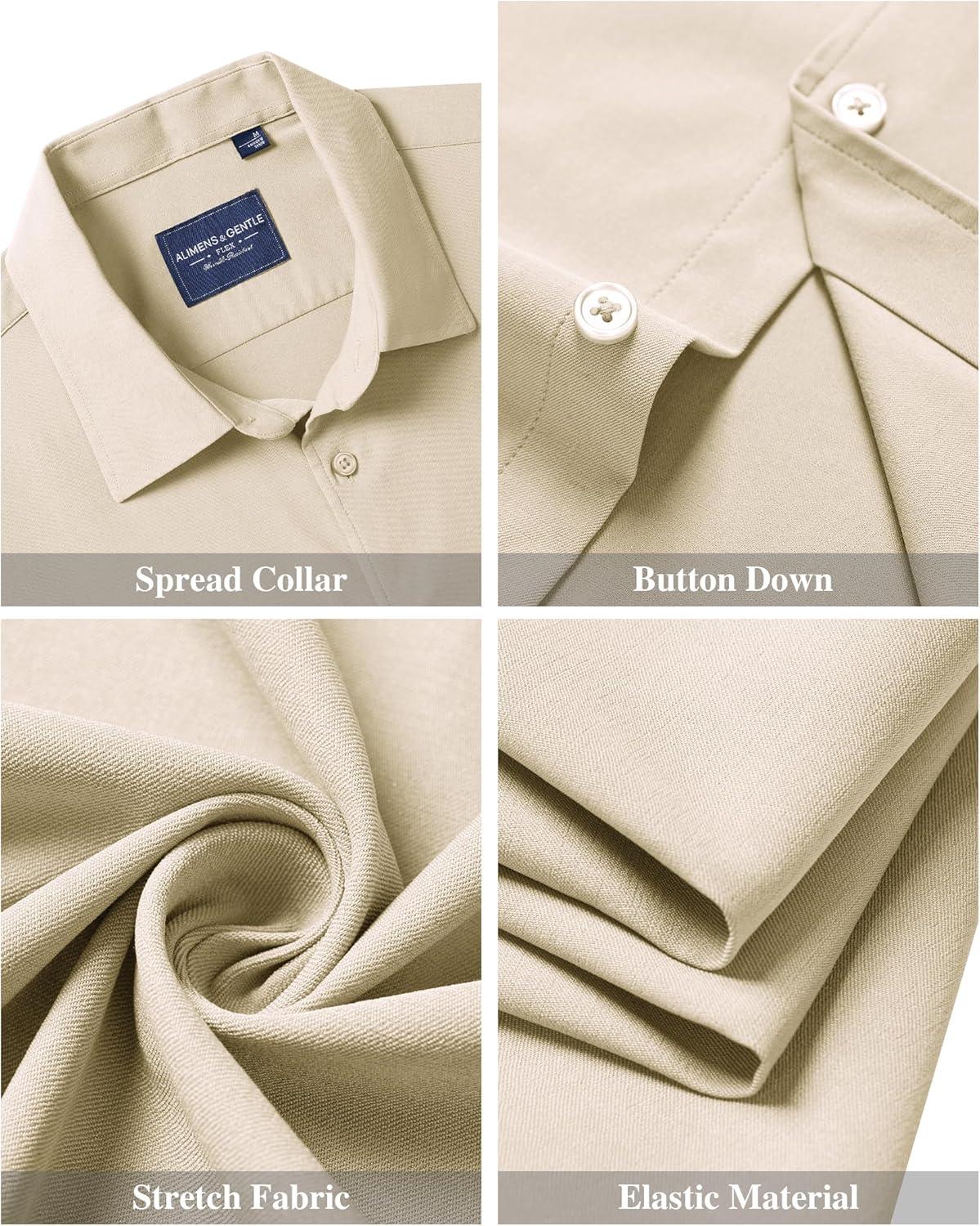 imageAlimens amp Gentle Mens Short Sleeve Dress Shirts Stretch Regular Fit Shirt Casual Button Down Business ShirtsBeige