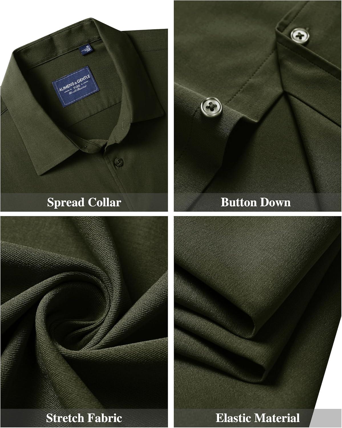 imageAlimens amp Gentle Mens Short Sleeve Dress Shirts Stretch Regular Fit Shirt Casual Button Down Business ShirtsDark Green