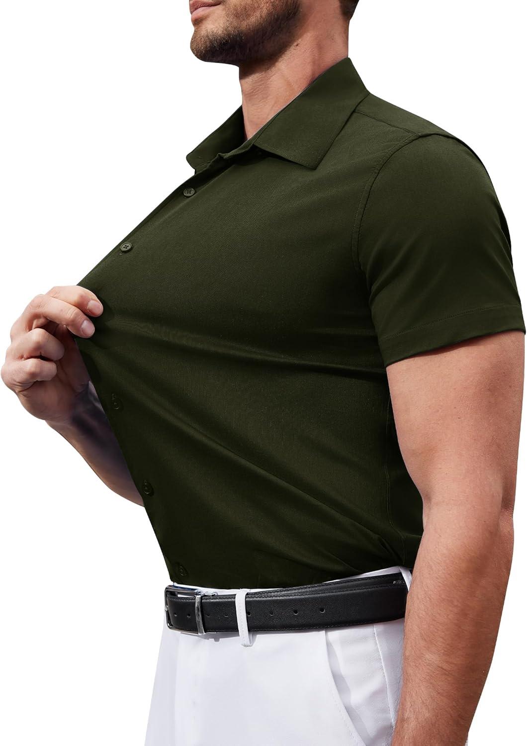 imageAlimens amp Gentle Mens Short Sleeve Dress Shirts Stretch Regular Fit Shirt Casual Button Down Business ShirtsDark Green