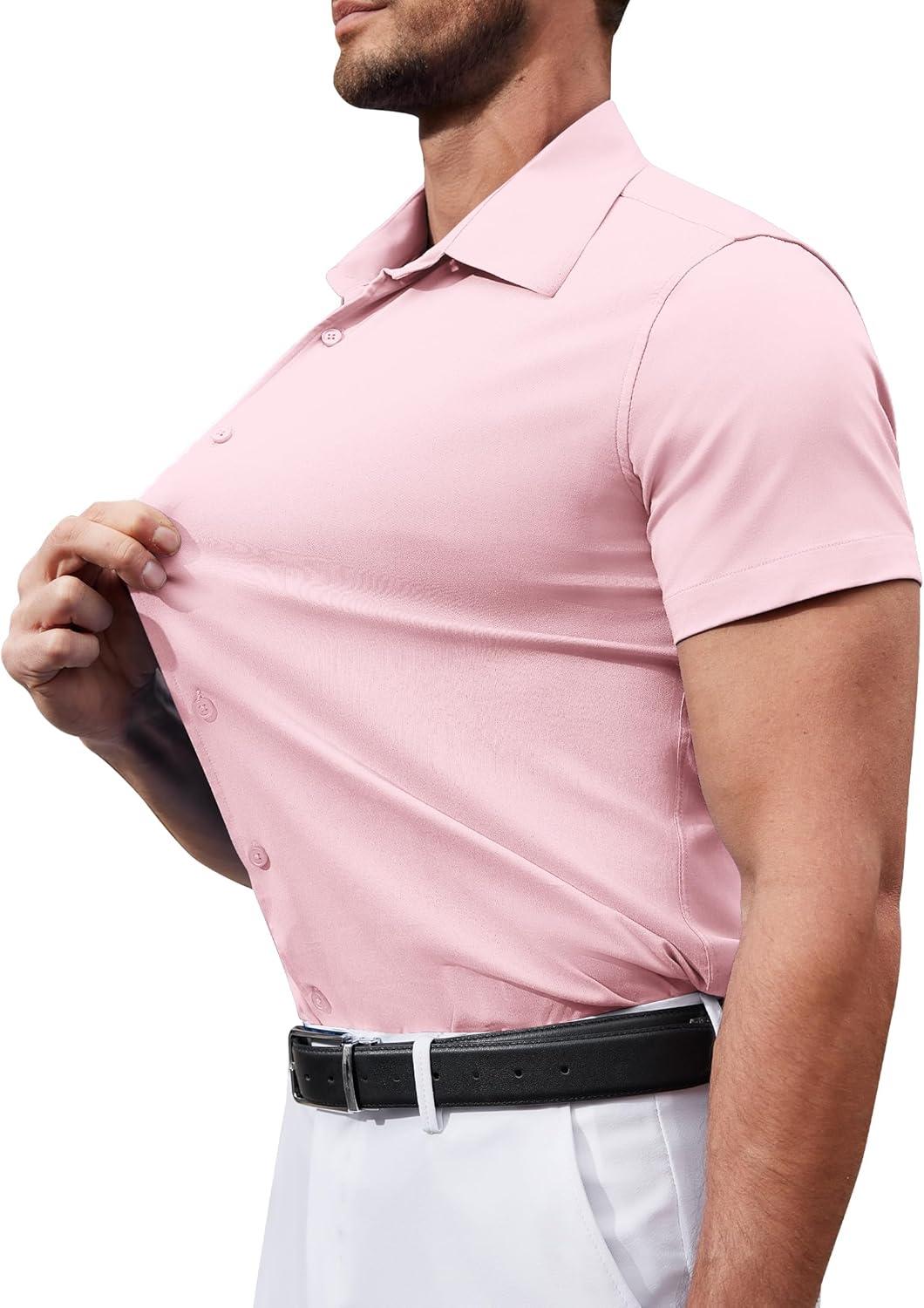 imageAlimens amp Gentle Mens Short Sleeve Dress Shirts Stretch Regular Fit Shirt Casual Button Down Business ShirtsPink