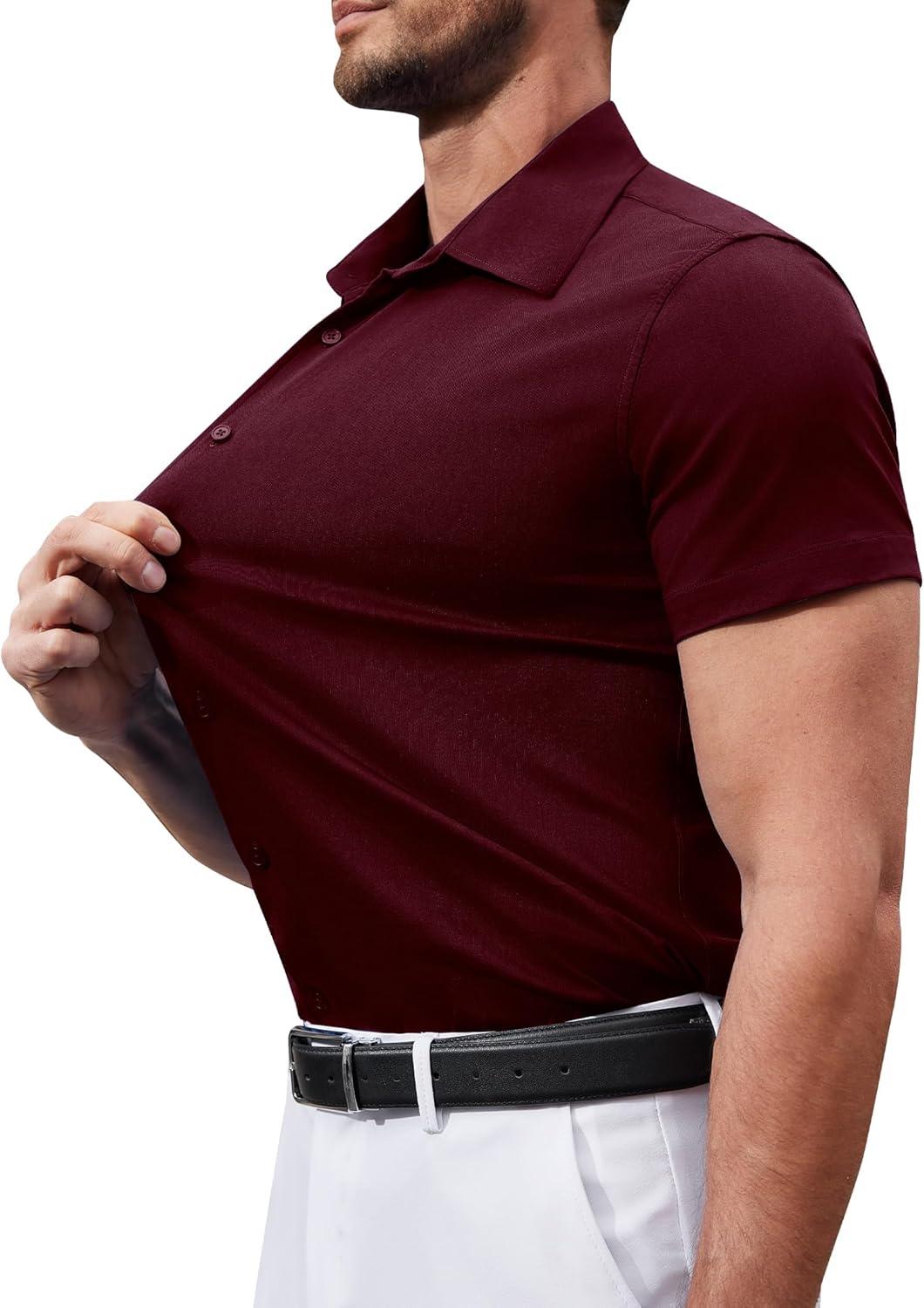 imageAlimens amp Gentle Mens Short Sleeve Dress Shirts Stretch Regular Fit Shirt Casual Button Down Business ShirtsWine Red