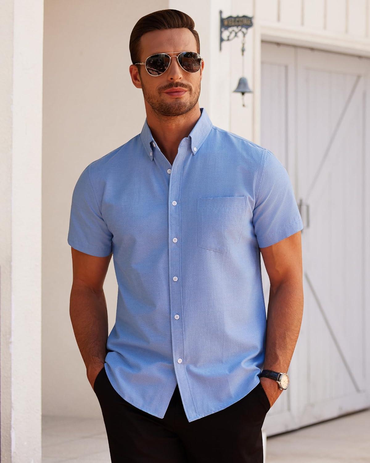 imageAlimens amp Gentle Mens Short Sleeve Oxford Shirt Regular Fit Button Down Collar Shirts with PocketRoyal Blue