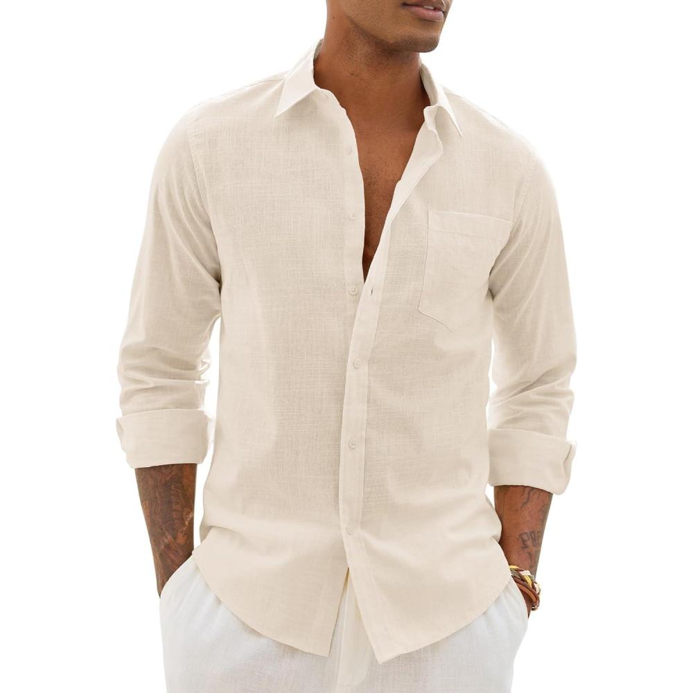 imageAlimens amp Gentle Linen Shirts for Men Long Sleeve Casual Cotton Button Down Shirts Summer Beach Wedding Tops with PocketBeige