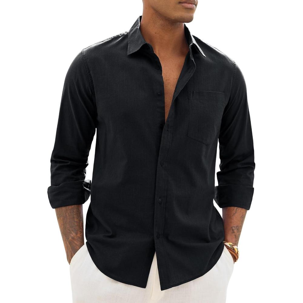 imageAlimens amp Gentle Linen Shirts for Men Long Sleeve Casual Cotton Button Down Shirts Summer Beach Wedding Tops with PocketBlack