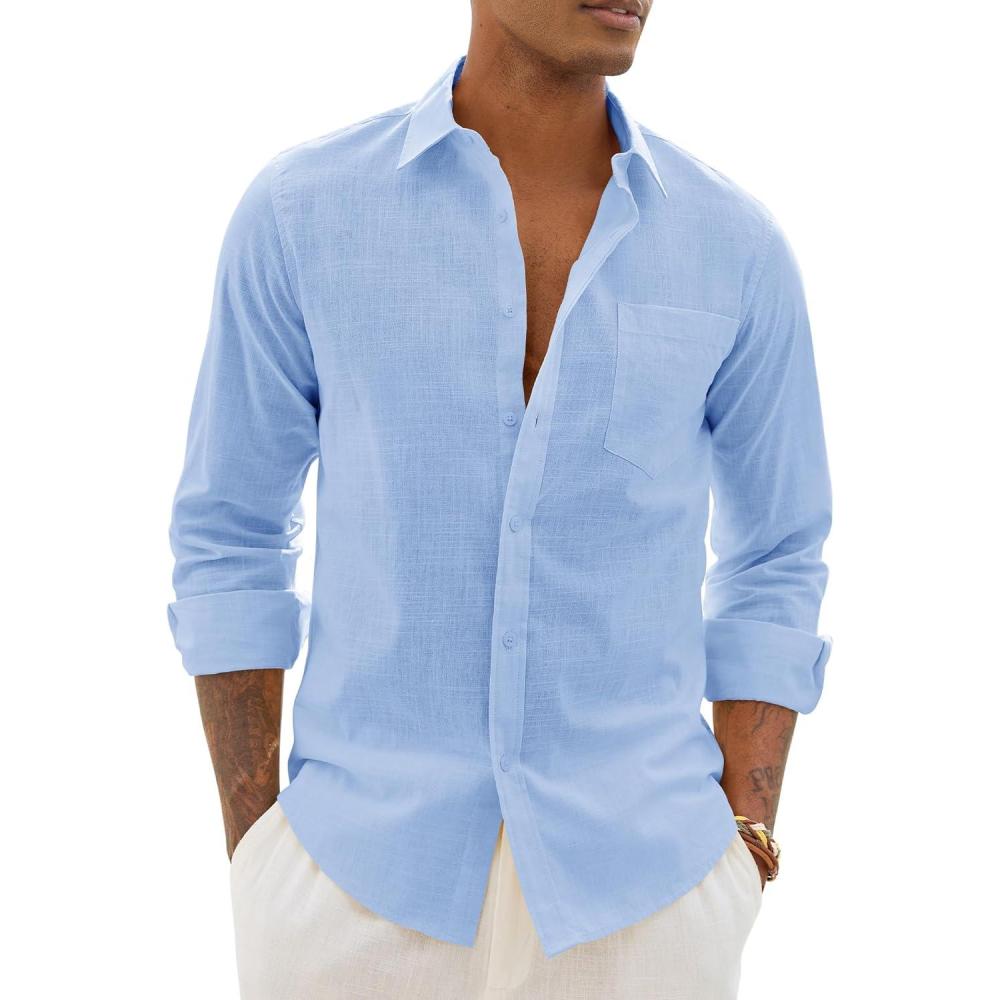 imageAlimens amp Gentle Linen Shirts for Men Long Sleeve Casual Cotton Button Down Shirts Summer Beach Wedding Tops with PocketBlue