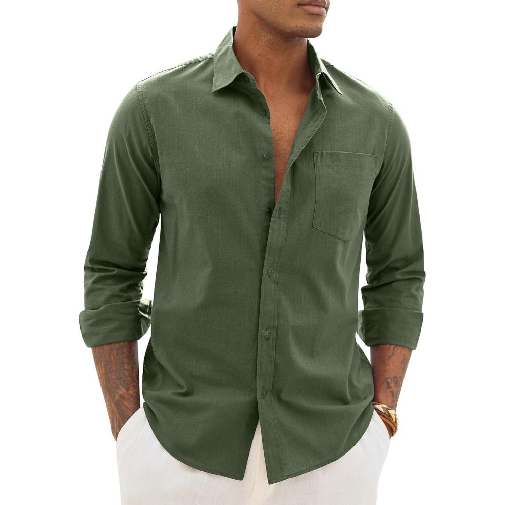imageAlimens amp Gentle Linen Shirts for Men Long Sleeve Casual Cotton Button Down Shirts Summer Beach Wedding Tops with PocketGreen