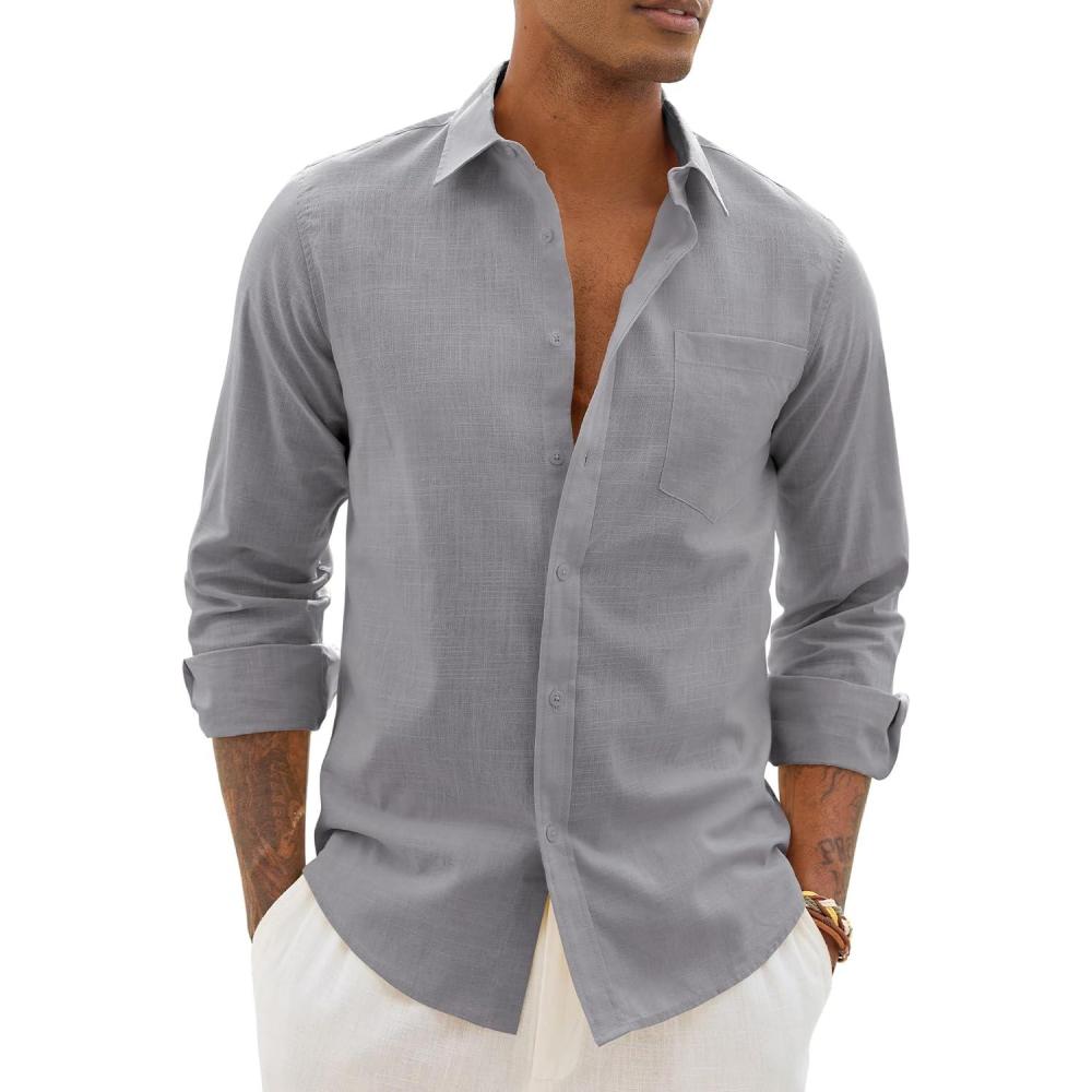 imageAlimens amp Gentle Linen Shirts for Men Long Sleeve Casual Cotton Button Down Shirts Summer Beach Wedding Tops with PocketGrey