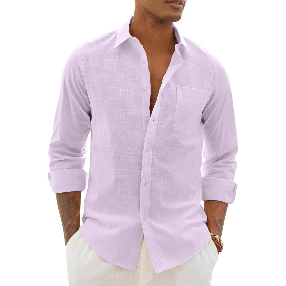 imageAlimens amp Gentle Linen Shirts for Men Long Sleeve Casual Cotton Button Down Shirts Summer Beach Wedding Tops with PocketLavender