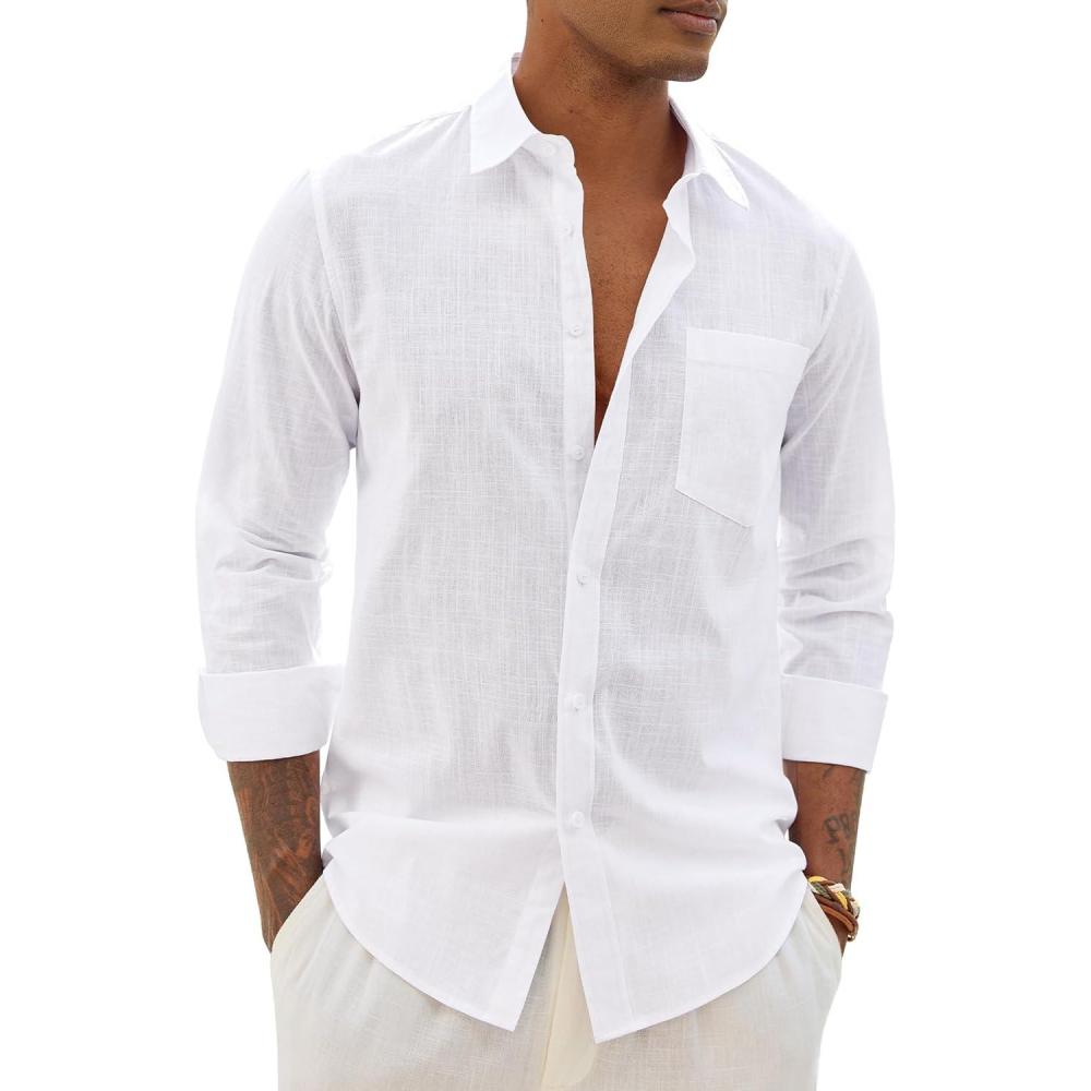 imageAlimens amp Gentle Linen Shirts for Men Long Sleeve Casual Cotton Button Down Shirts Summer Beach Wedding Tops with PocketWhite