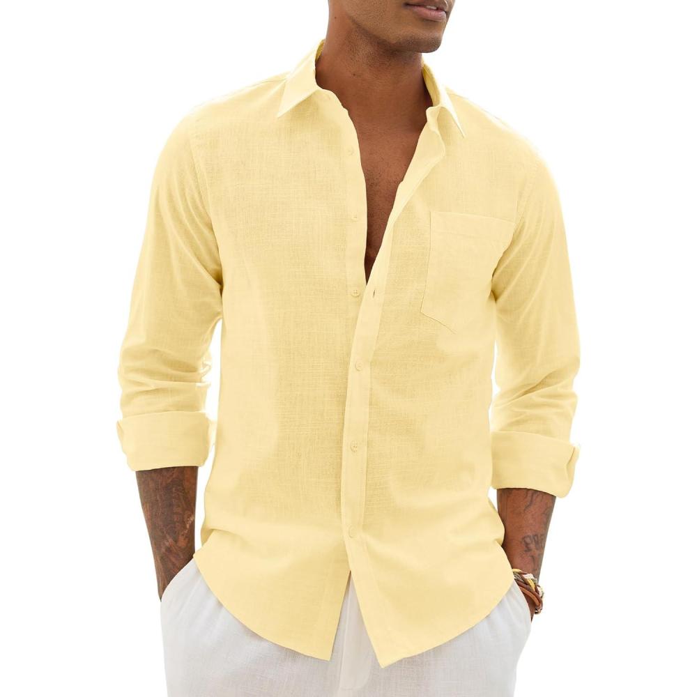 imageAlimens amp Gentle Linen Shirts for Men Long Sleeve Casual Cotton Button Down Shirts Summer Beach Wedding Tops with PocketYellow