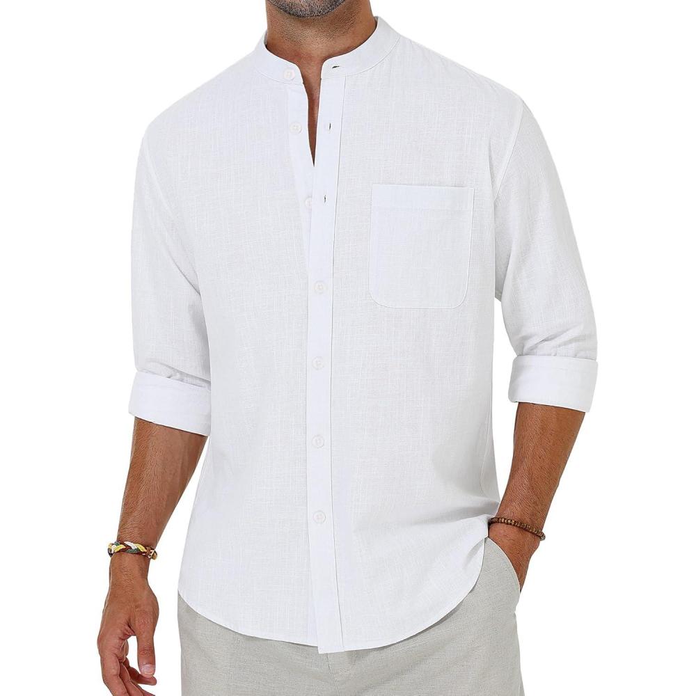 imageAlimens amp Gentle Mens Cotton Linen Shirts Long Sleeve Button Down Shirt Band Collar Beach ShirtsAll White