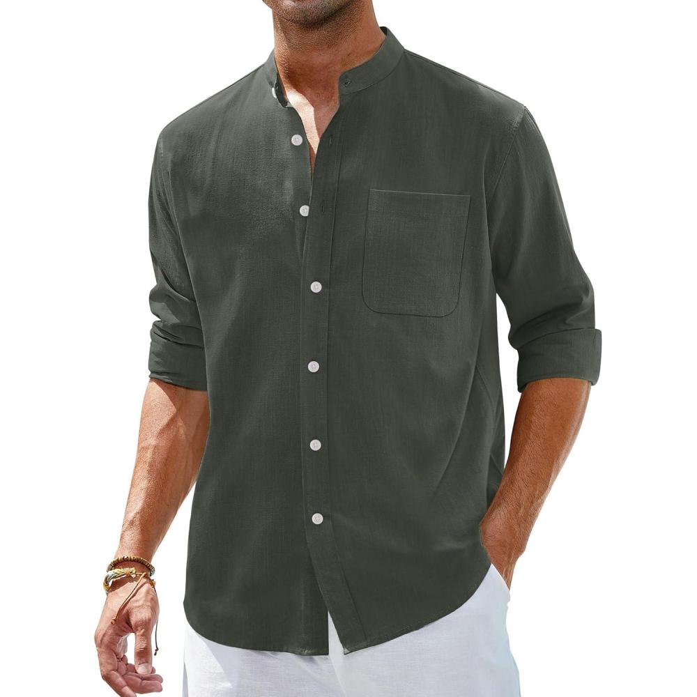 imageAlimens amp Gentle Mens Cotton Linen Shirts Long Sleeve Button Down Shirt Band Collar Beach ShirtsArmy Green