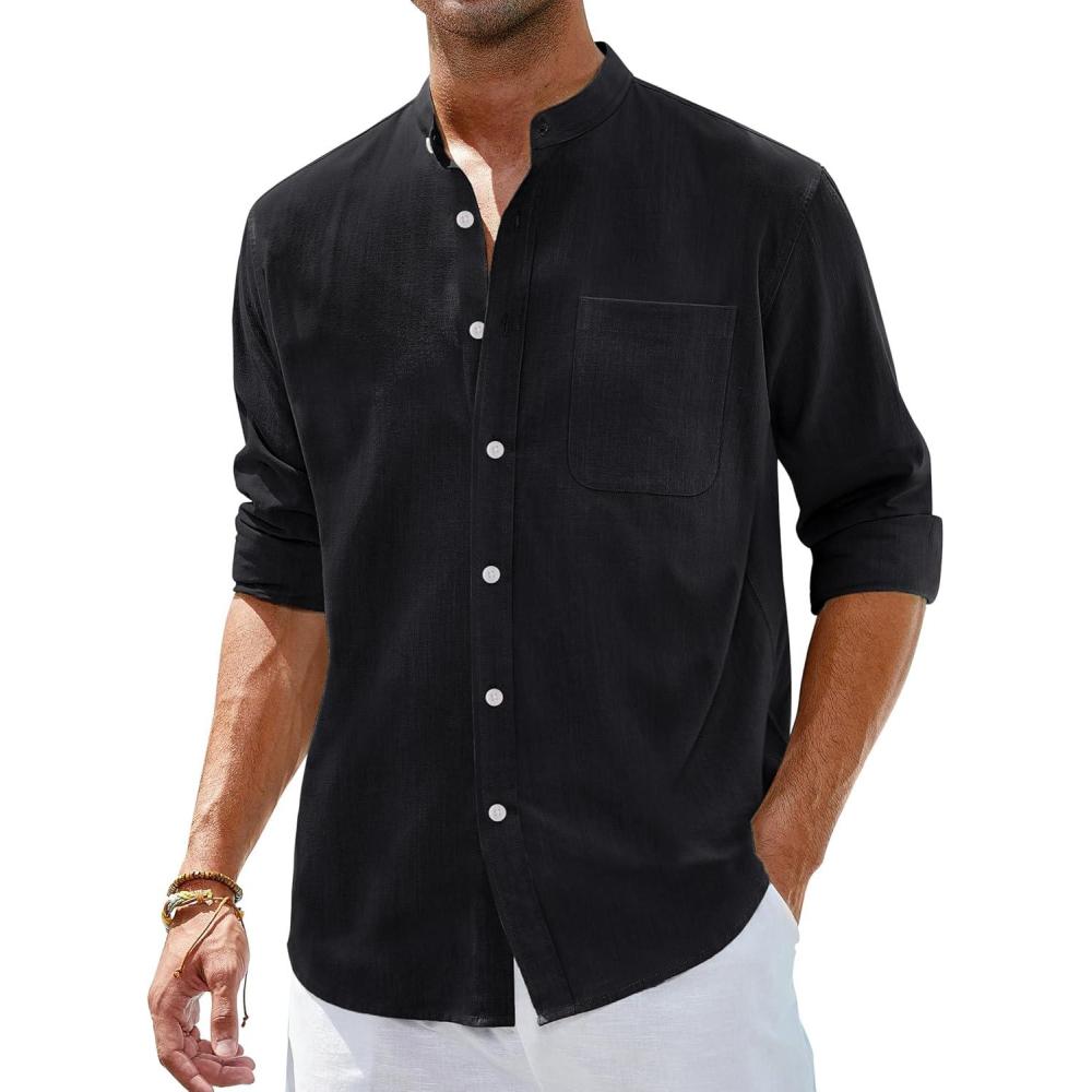 imageAlimens amp Gentle Mens Cotton Linen Shirts Long Sleeve Button Down Shirt Band Collar Beach ShirtsBlack