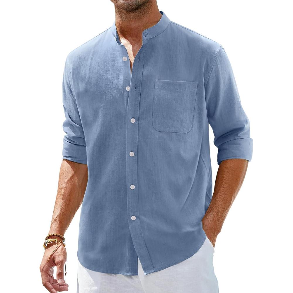 imageAlimens amp Gentle Mens Cotton Linen Shirts Long Sleeve Button Down Shirt Band Collar Beach ShirtsBlue Heaven