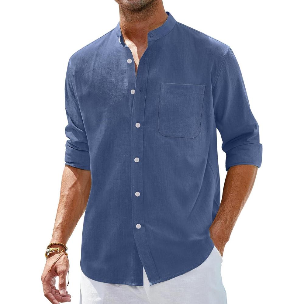 imageAlimens amp Gentle Mens Cotton Linen Shirts Long Sleeve Button Down Shirt Band Collar Beach ShirtsBlue Wing Teal