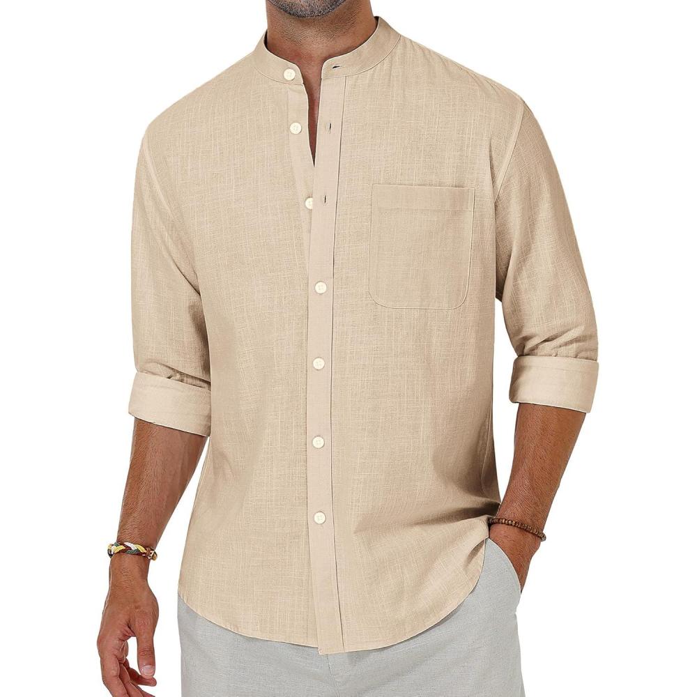 imageAlimens amp Gentle Mens Cotton Linen Shirts Long Sleeve Button Down Shirt Band Collar Beach ShirtsCamel