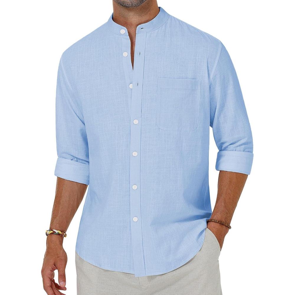 imageAlimens amp Gentle Mens Cotton Linen Shirts Long Sleeve Button Down Shirt Band Collar Beach ShirtsCool Blue