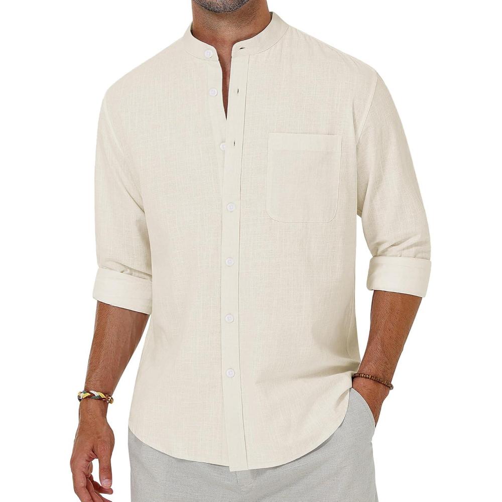 imageAlimens amp Gentle Mens Cotton Linen Shirts Long Sleeve Button Down Shirt Band Collar Beach ShirtsCreamy White