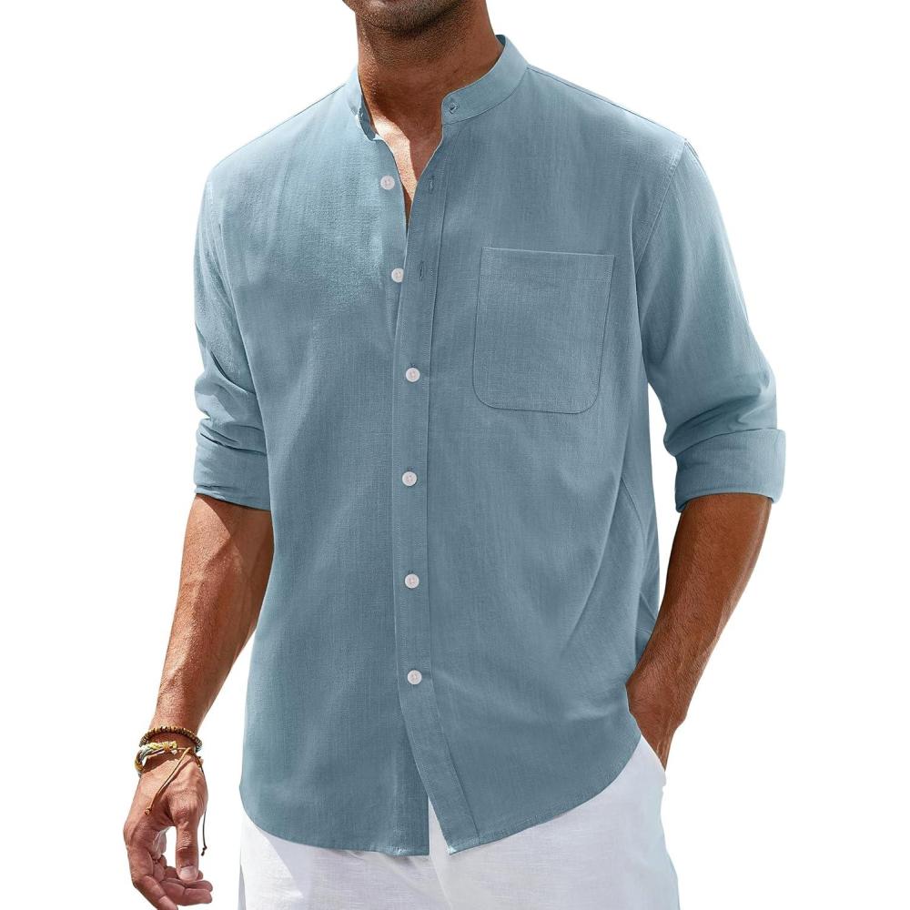 imageAlimens amp Gentle Mens Cotton Linen Shirts Long Sleeve Button Down Shirt Band Collar Beach ShirtsGray Mist