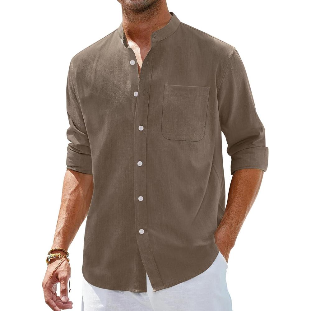 imageAlimens amp Gentle Mens Cotton Linen Shirts Long Sleeve Button Down Shirt Band Collar Beach ShirtsKhaki