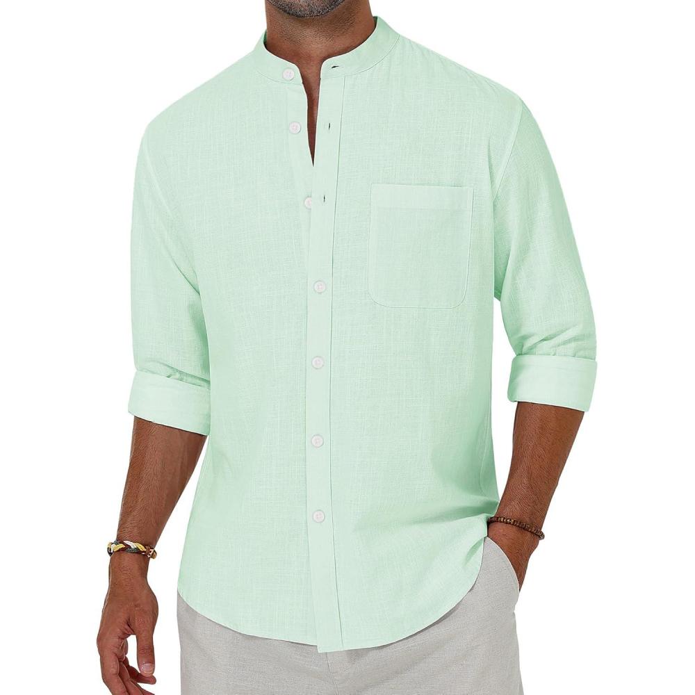 imageAlimens amp Gentle Mens Cotton Linen Shirts Long Sleeve Button Down Shirt Band Collar Beach ShirtsMint
