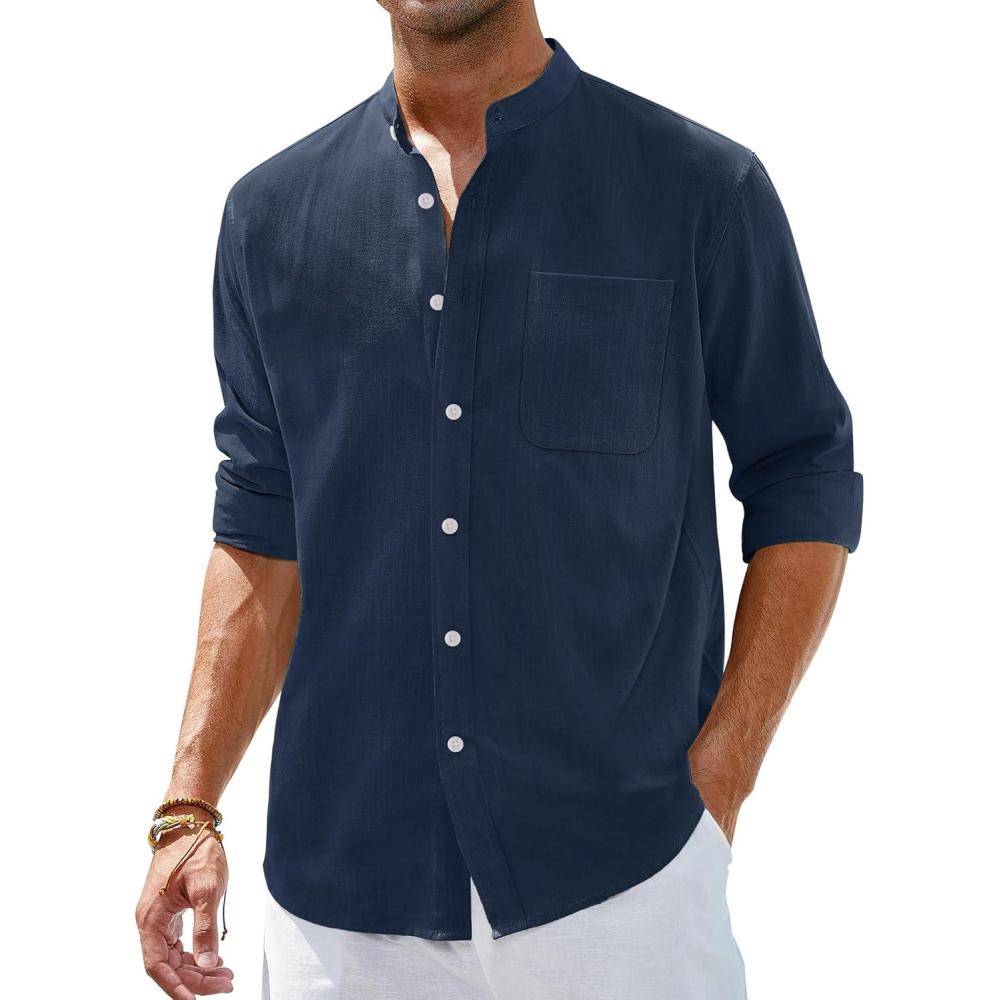 imageAlimens amp Gentle Mens Cotton Linen Shirts Long Sleeve Button Down Shirt Band Collar Beach ShirtsNavy Blue