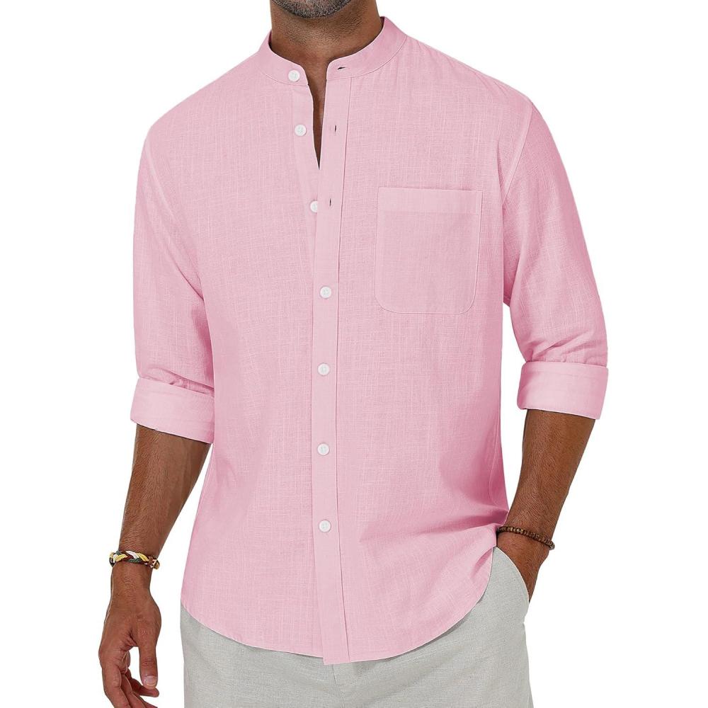 imageAlimens amp Gentle Mens Cotton Linen Shirts Long Sleeve Button Down Shirt Band Collar Beach ShirtsPink
