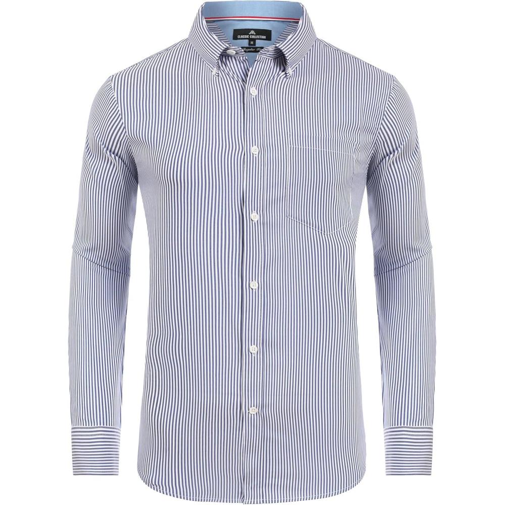 imageAlimens amp Gentle Mens Cotton Stripe Button Down Shirts Long Sleeve Regular Fit Dress ShirtsBlue Stripe