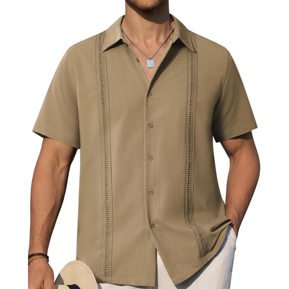 imageAlimens amp Gentle Mens Cuban Guayabera Shirts Short Sleeve Button Down Shirts for Men Summer Beach WeddingDark Khaki
