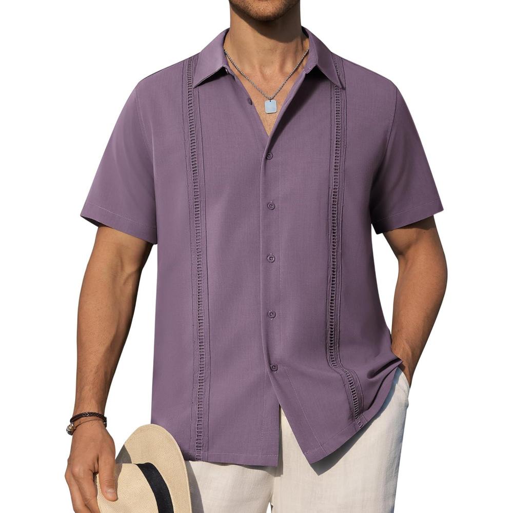 imageAlimens amp Gentle Mens Cuban Guayabera Shirts Short Sleeve Button Down Shirts for Men Summer Beach WeddingDark Purple
