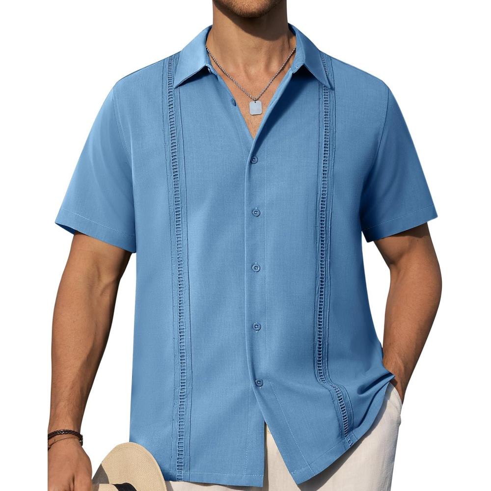 imageAlimens amp Gentle Mens Cuban Guayabera Shirts Short Sleeve Button Down Shirts for Men Summer Beach WeddingDenim Blue