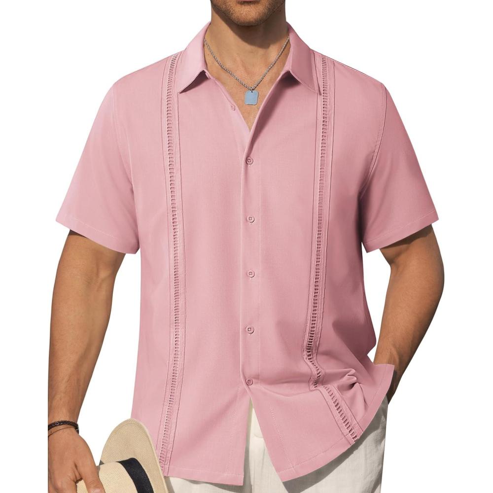 imageAlimens amp Gentle Mens Cuban Guayabera Shirts Short Sleeve Button Down Shirts for Men Summer Beach WeddingPink