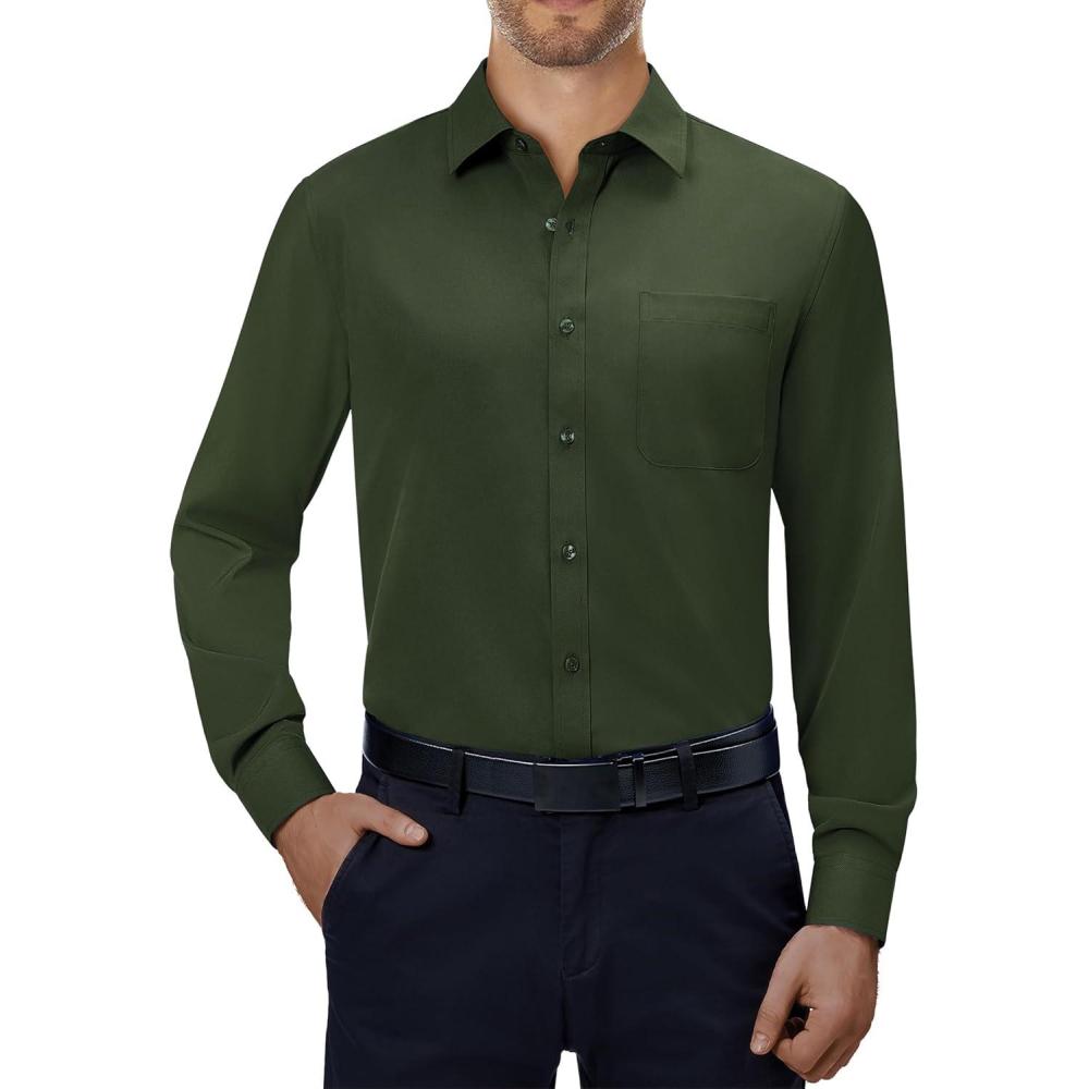 imageAlimens amp Gentle Mens Dress Shirts 4Way Stretch Long Sleeve Collared Casual Solid Wedding Dating Button Down ShirtArmy Green