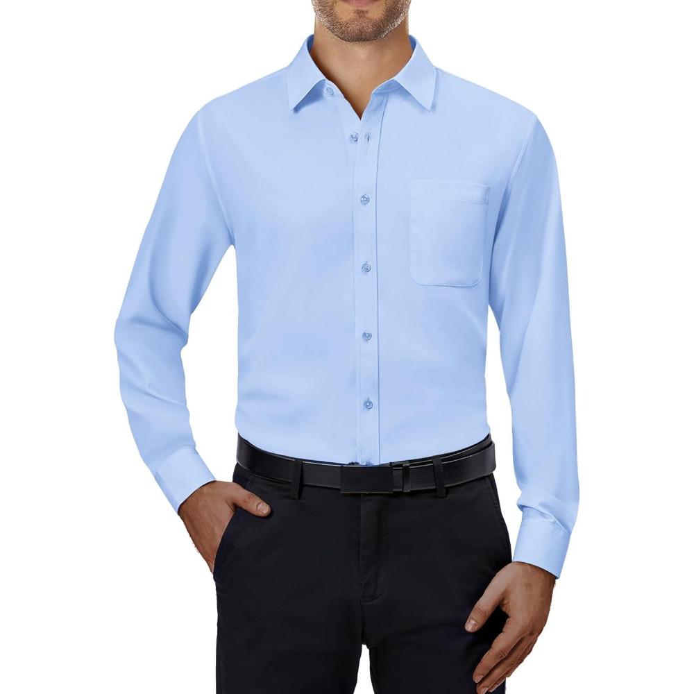 imageAlimens amp Gentle Mens Dress Shirts 4Way Stretch Long Sleeve Collared Casual Solid Wedding Dating Button Down ShirtBlue