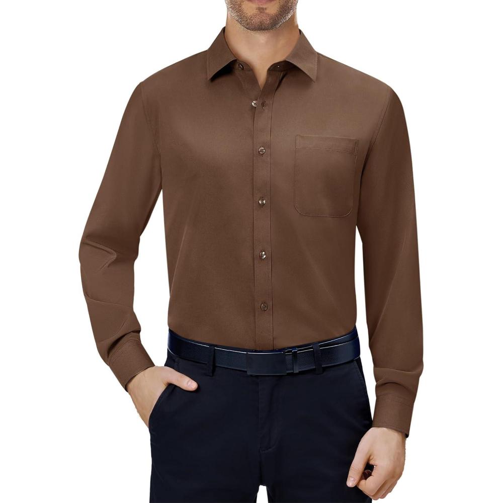 imageAlimens amp Gentle Mens Dress Shirts 4Way Stretch Long Sleeve Collared Casual Solid Wedding Dating Button Down ShirtBrown