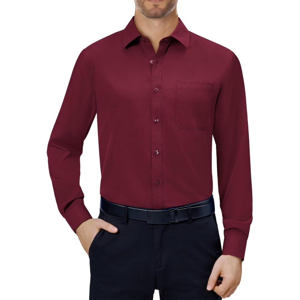 imageAlimens amp Gentle Mens Dress Shirts 4Way Stretch Long Sleeve Collared Casual Solid Wedding Dating Button Down ShirtBurgundy