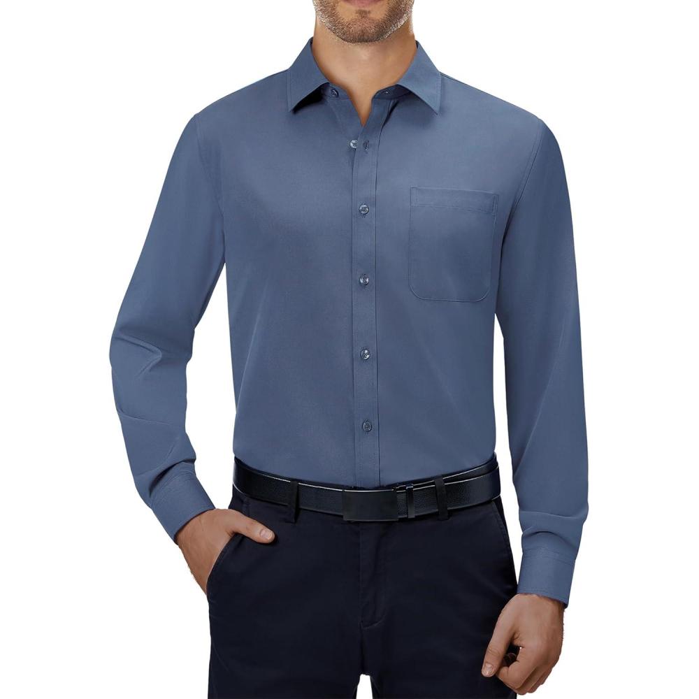 imageAlimens amp Gentle Mens Dress Shirts 4Way Stretch Long Sleeve Collared Casual Solid Wedding Dating Button Down ShirtDusty Blue