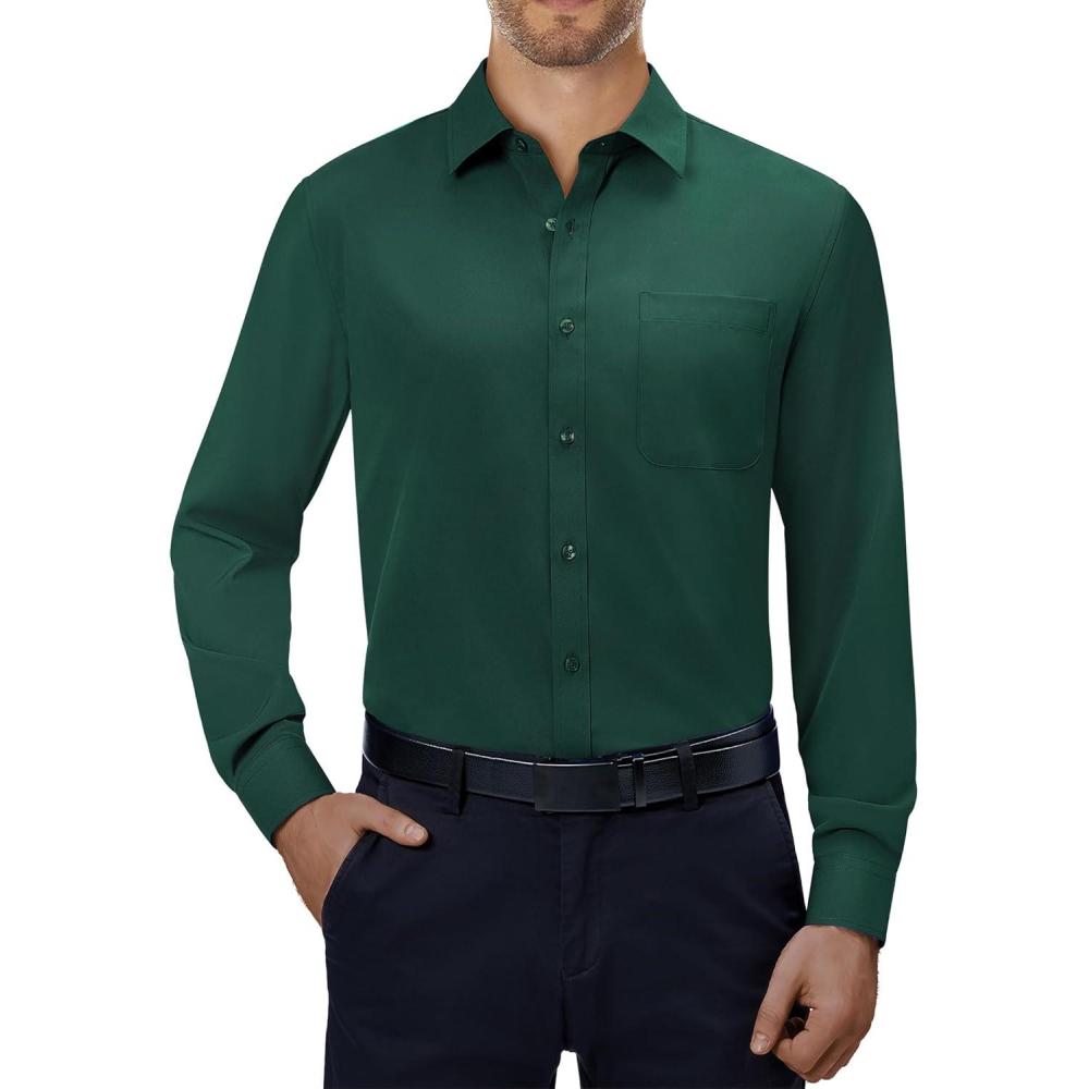 imageAlimens amp Gentle Mens Dress Shirts 4Way Stretch Long Sleeve Collared Casual Solid Wedding Dating Button Down ShirtGreen