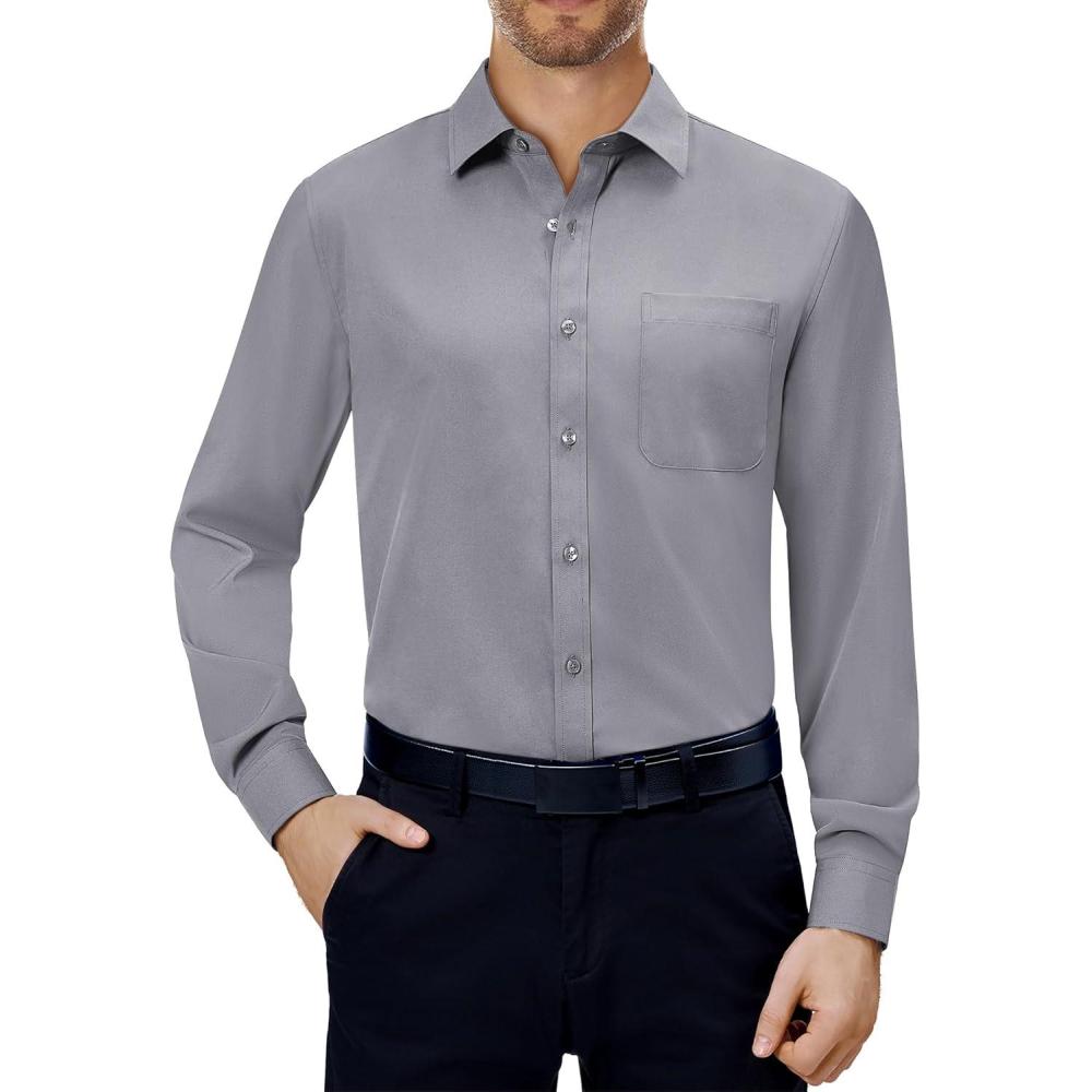 imageAlimens amp Gentle Mens Dress Shirts 4Way Stretch Long Sleeve Collared Casual Solid Wedding Dating Button Down ShirtGrey