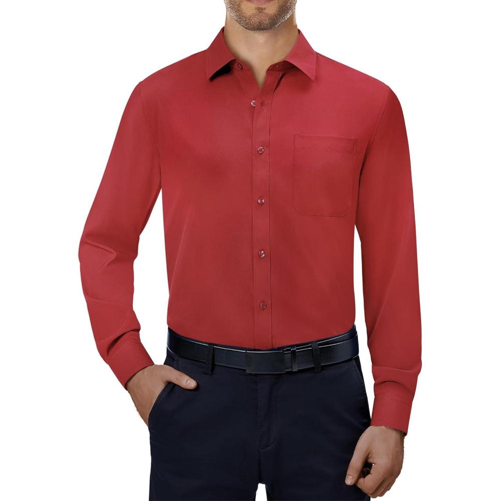 imageAlimens amp Gentle Mens Dress Shirts 4Way Stretch Long Sleeve Collared Casual Solid Wedding Dating Button Down ShirtRed