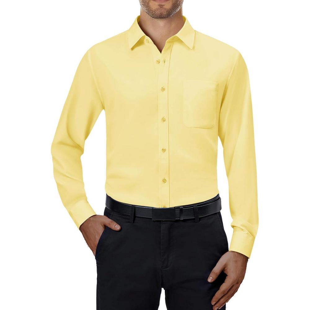 imageAlimens amp Gentle Mens Dress Shirts 4Way Stretch Long Sleeve Collared Casual Solid Wedding Dating Button Down ShirtYellow