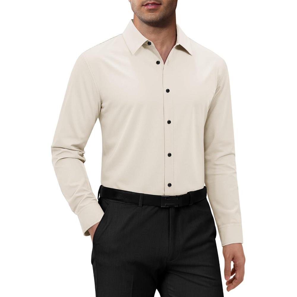 imageAlimens amp Gentle Mens Dress Shirts Long Sleeve 4 Way Stretch Solid Collared Button Down Shirt Regular Fit Formal BusinessBeige