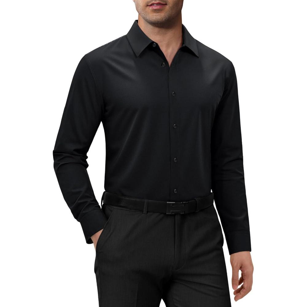 imageAlimens amp Gentle Mens Dress Shirts Long Sleeve 4 Way Stretch Solid Collared Button Down Shirt Regular Fit Formal BusinessBlack