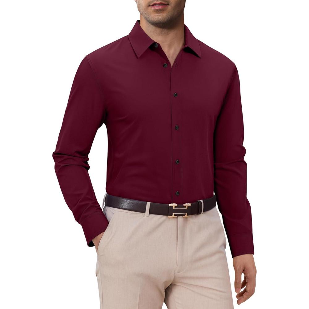 imageAlimens amp Gentle Mens Dress Shirts Long Sleeve 4 Way Stretch Solid Collared Button Down Shirt Regular Fit Formal BusinessBurgundy