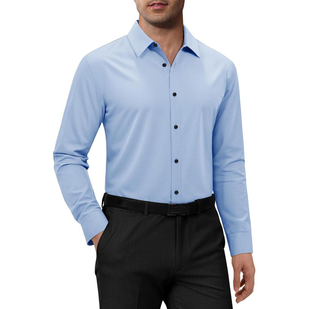 imageAlimens amp Gentle Mens Dress Shirts Long Sleeve 4 Way Stretch Solid Collared Button Down Shirt Regular Fit Formal BusinessLight Blue