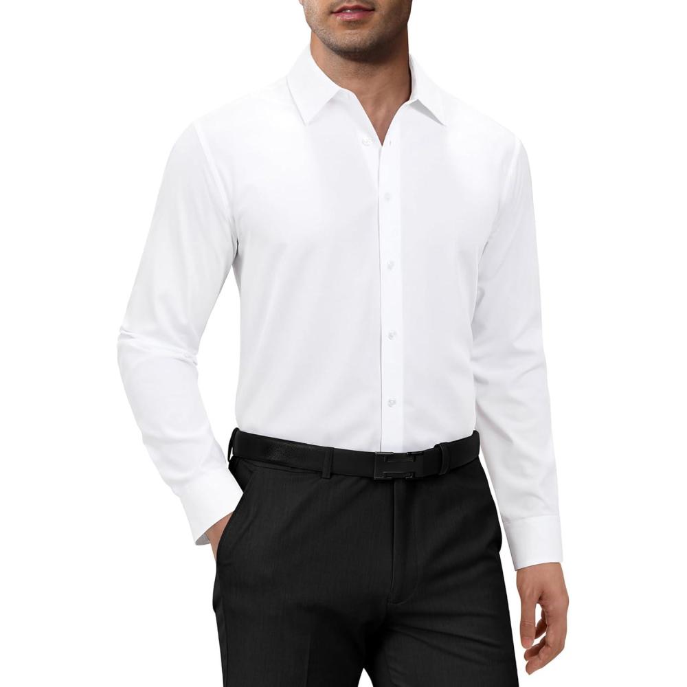 imageAlimens amp Gentle Mens Dress Shirts Long Sleeve 4 Way Stretch Solid Collared Button Down Shirt Regular Fit Formal BusinessWhite