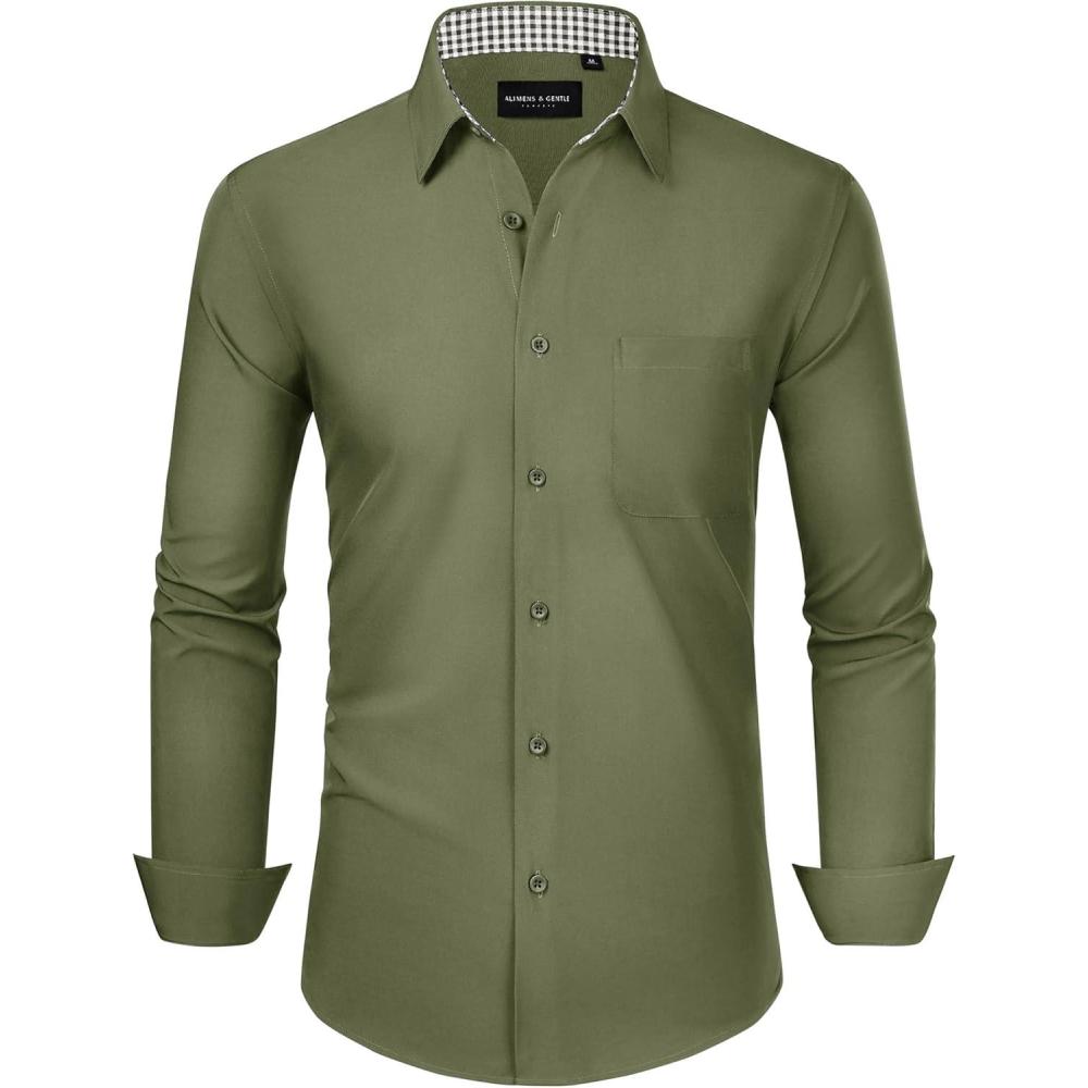 imageAlimens amp Gentle Mens Dress Shirts Long Sleeve Button Down Shirt Men Wrinkle Free Contrast Collar ShirtsArmy Green